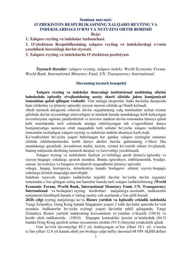 O‘ZBЕKISTОN RЕSPUBLIKАSINING XАLQАRО RЕYTING VА INDЕKSLАRDАGI O‘RNI VА NUFUZINI ОRTIB BОRISHI