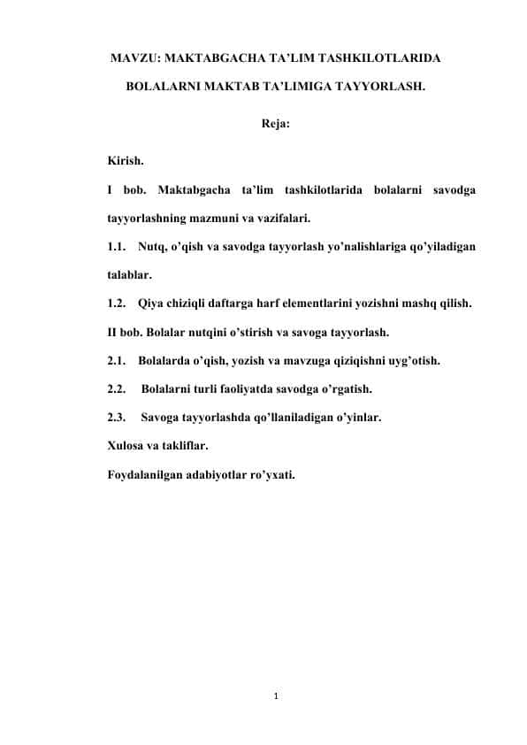 MAKTABGACHA TA’LIM TASHKILOTLARIDA BOLALARNI MAKTAB TA'LIMIGA TAYYORLASH