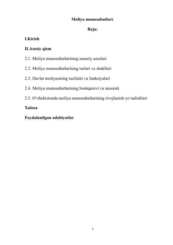 Moliya munosabatlari kurs ishi
