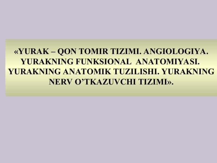 YURAK – QON TOMIR TIZIMI. ANGIOLOGIYA. YURAKNING FUNKSIONAL ANATOMIYASI. YURAKNING ANATOMIK TUZILISHI. YURAKNING NERV O’TKAZUVCHI TIZIMI.