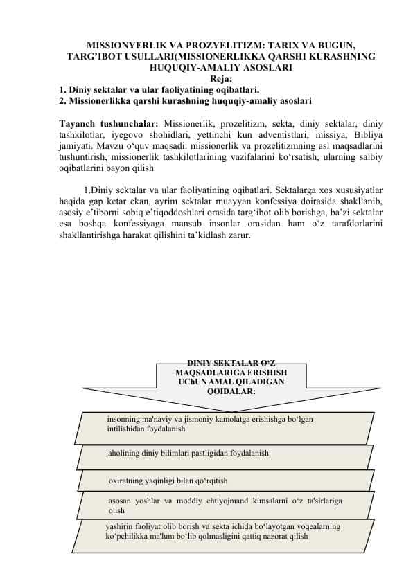 MISSIONYERLIK VA PROZYELITIZM: TARIX VA BUGUN, TARG’IBOT USULLARI(MISSIONERLIKKA QARSHI KURASHNING HUQUQIY-AMALIY ASOSLARI