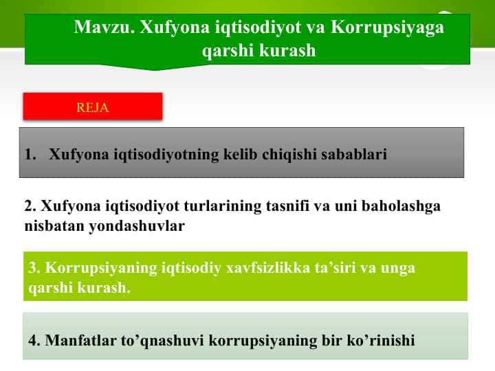 Xufyona iqtisodiyot va Korrupsiyaga qarshi kurash