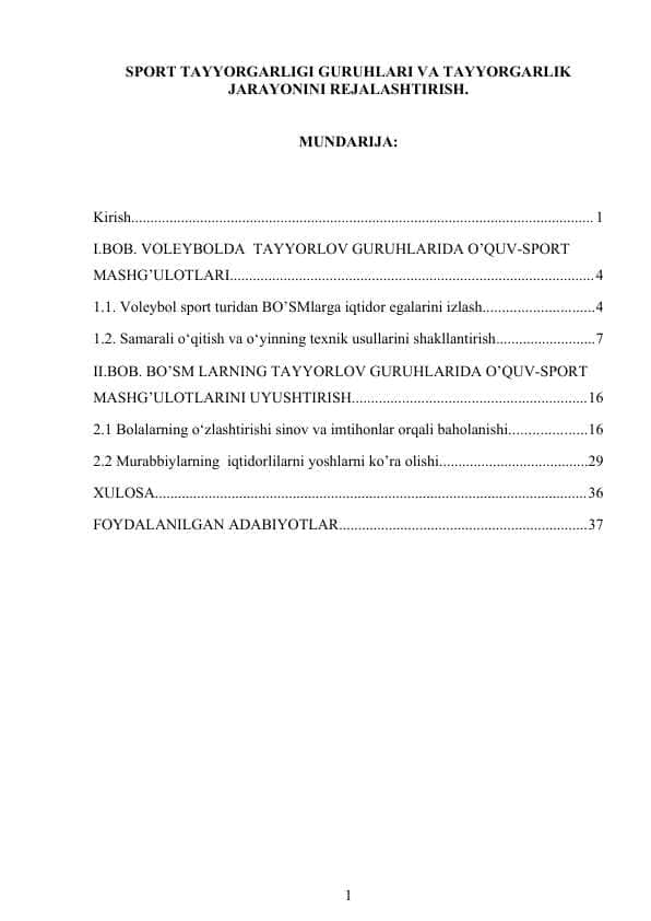 SPORT TAYYORGARLIGI GURUHLARI VA TAYYORGARLIK JARAYONINI REJALASHTIRISH