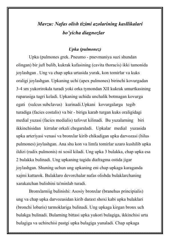Nafas olish tizimi azolarining kasllikalari bo’yicha diagnozlar