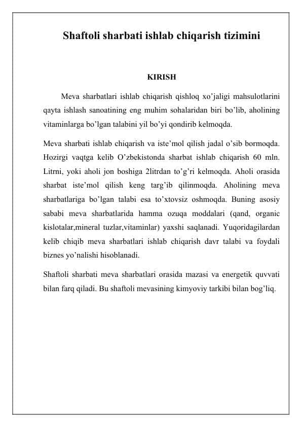 Shaftoli sharbati ishlab chiqarish tizimin