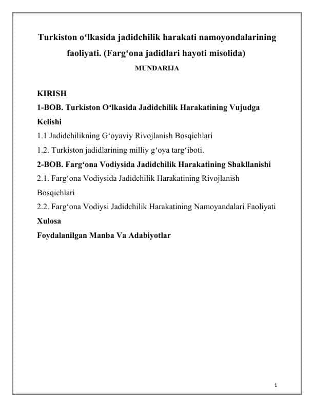 Turkiston oʻlkasida jadidchilik harakati namoyondalarining faoliyati. (Fargʻona jadidlari hayoti misolida)