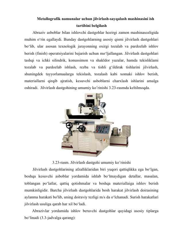 Metallografik namunalar uchun jilvirlash-sayqalash mashinasini ish tartibini belgilash