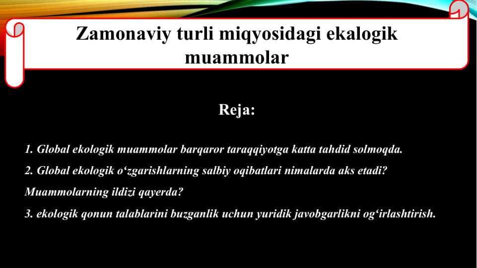 Zamonaviy turli miqyosidagi ekalogik muammolar