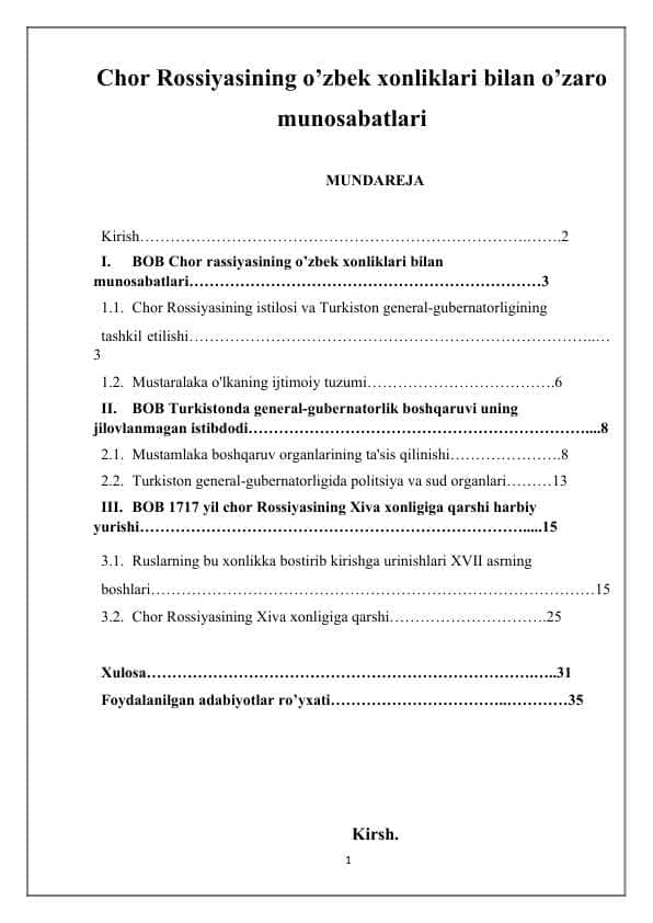 Chor Rossiyasining o’zbek xonliklari bilan o’zaro munosabatlari