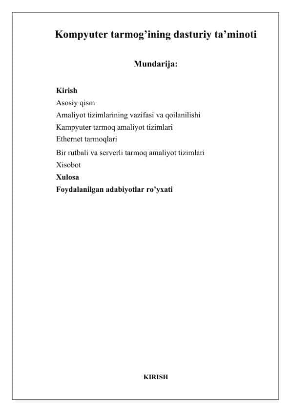 Kompyuter tarmog’ining dasturiy ta’minoti