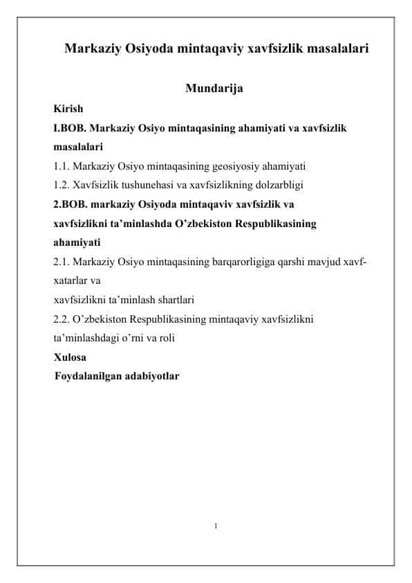 Markaziy Osiyoda mintaqaviy xavfsizlik masalalari