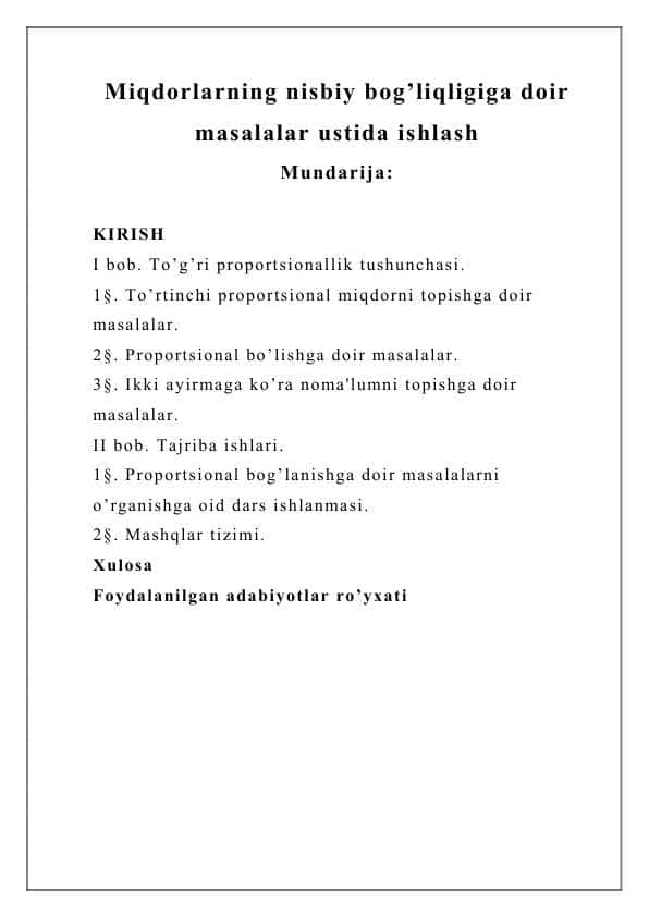 Miqdorlarning nisbiy bog’liqligiga doir masalalar ustida ishlash