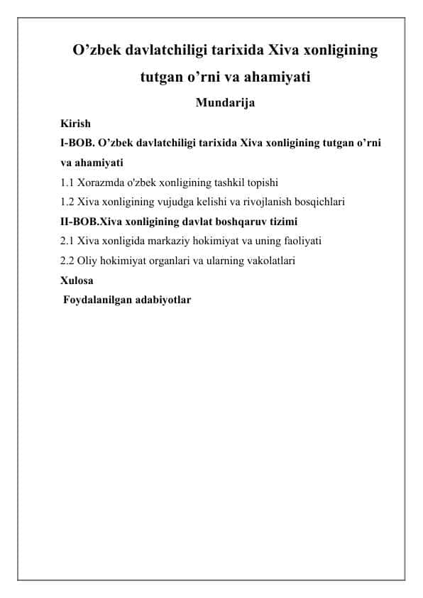 O’zbek davlatchiligi tarixida Xiva xonligining tutgan o’rni va ahamiyati