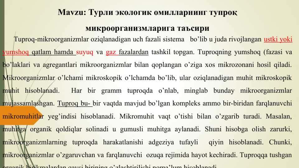 Турли экологик омилларнинг тупроқ микроорганизмларига таъсири