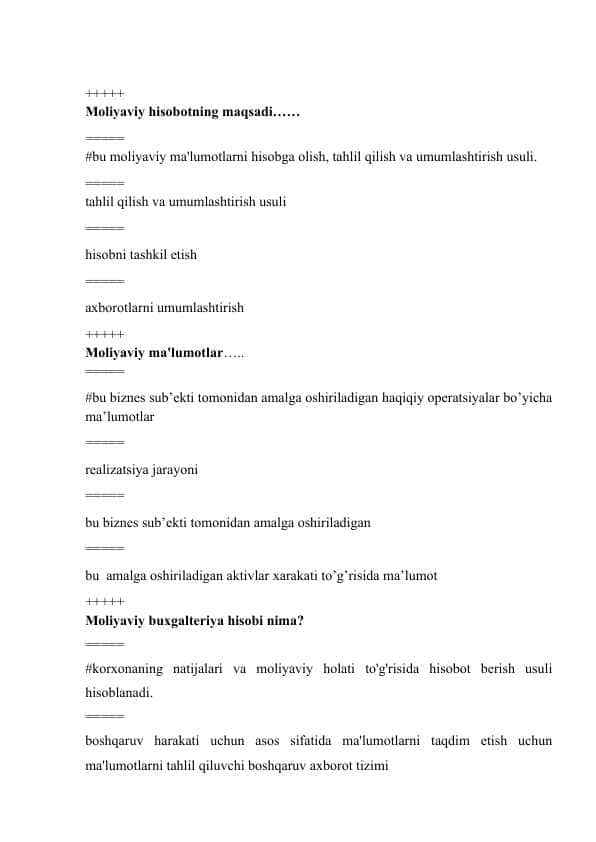 Moliyaviy hisob Test javoblari bilan