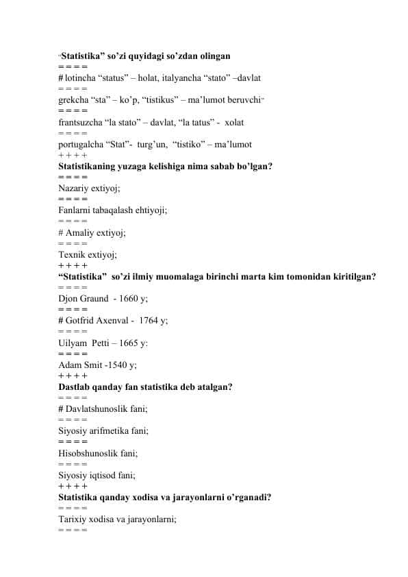 Statistika Test javoblari bilan