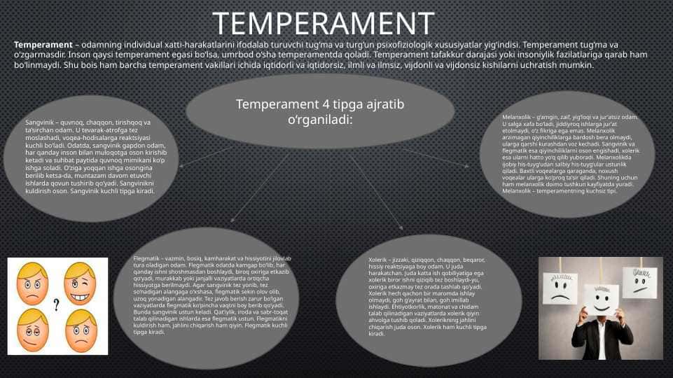 Temperament 4 tipga ajratib o‘rganiladi: Temperament