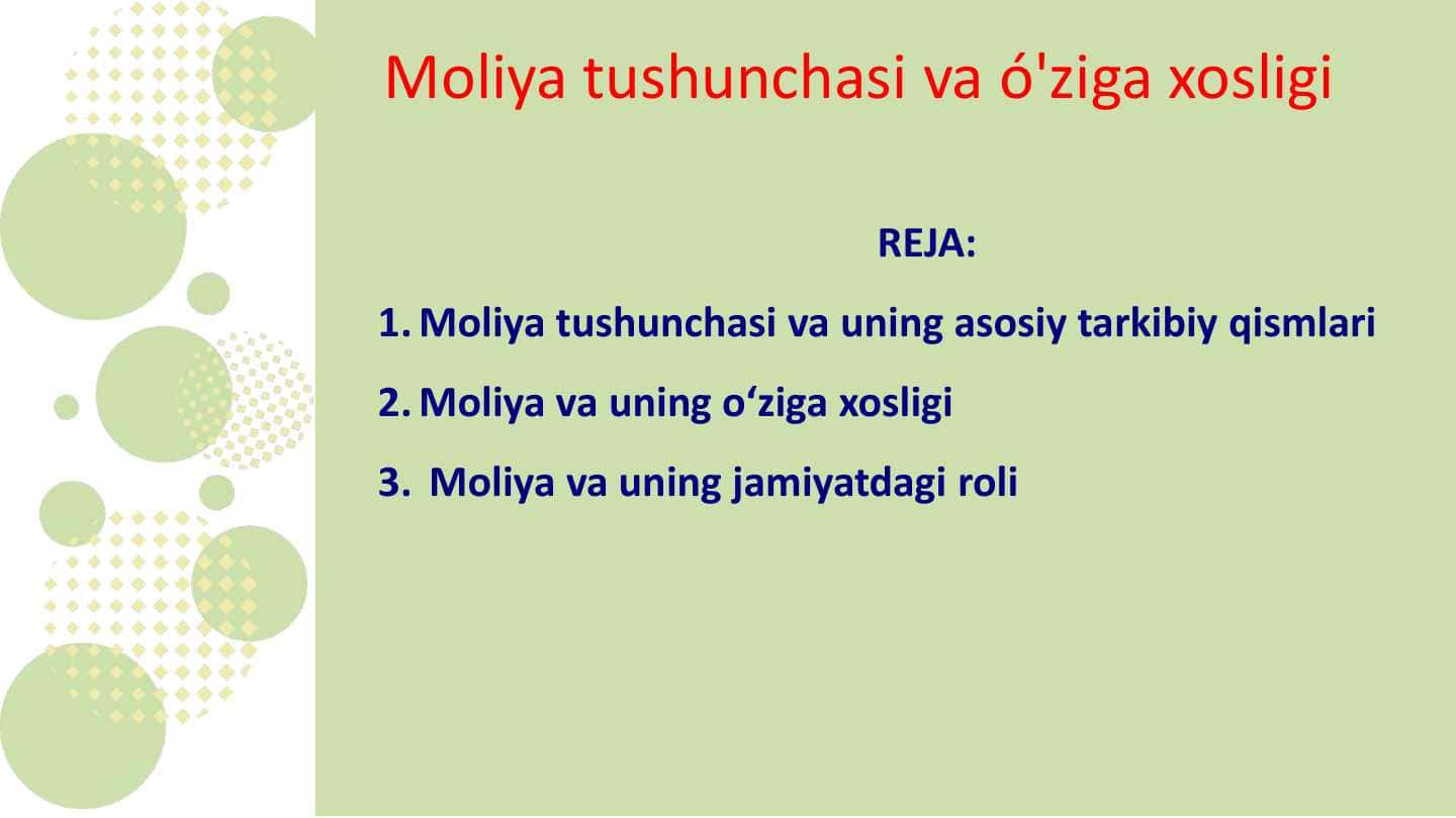 Moliya tushunchasi va ó'ziga xosligi
