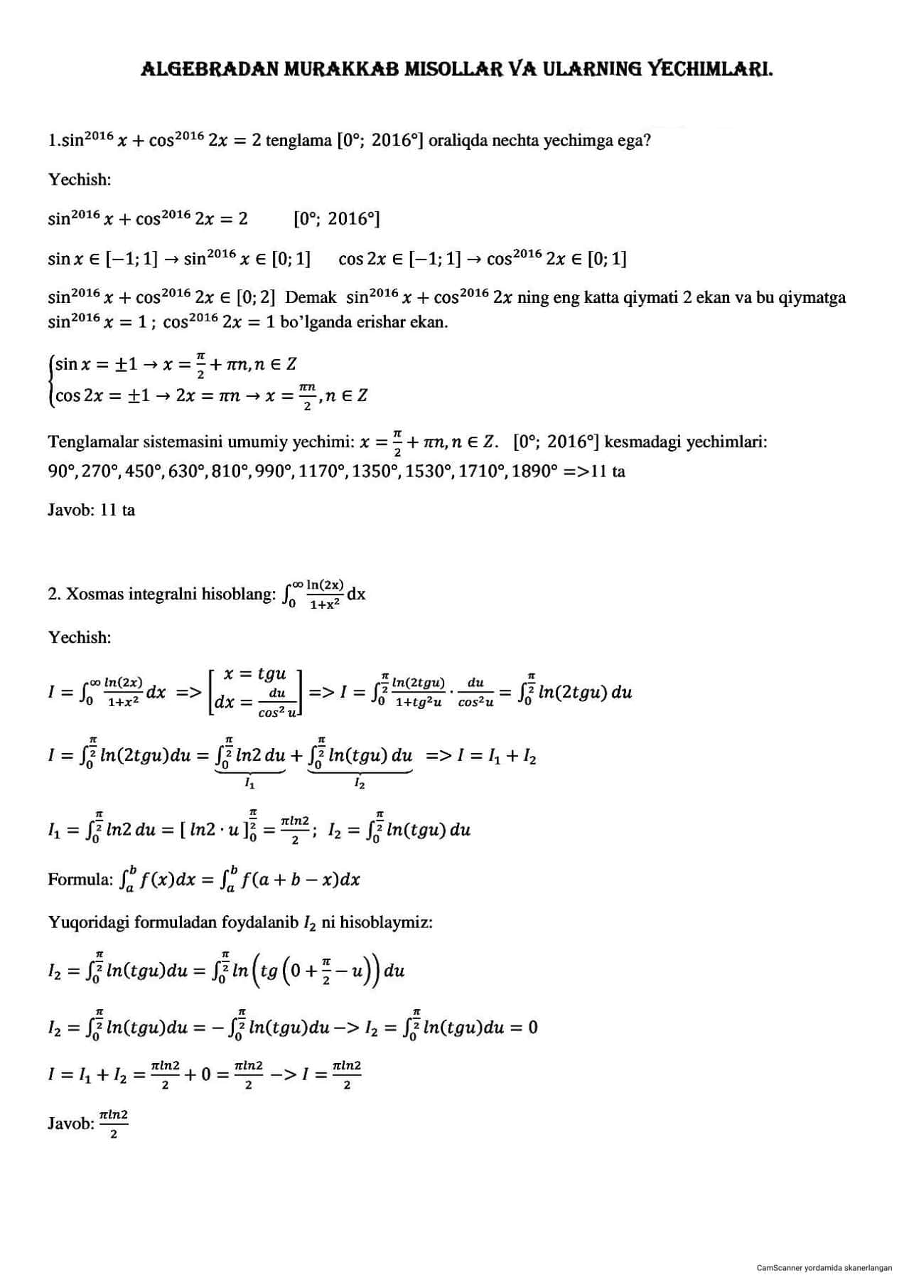 Algebradan misollar
