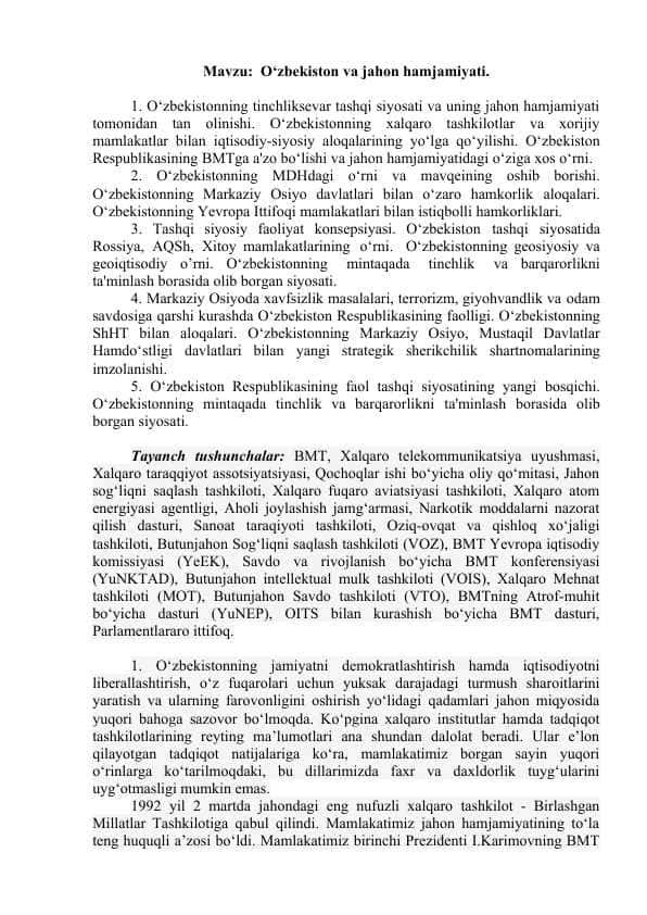 O‘zbekiston va jahon hamjamiyati.