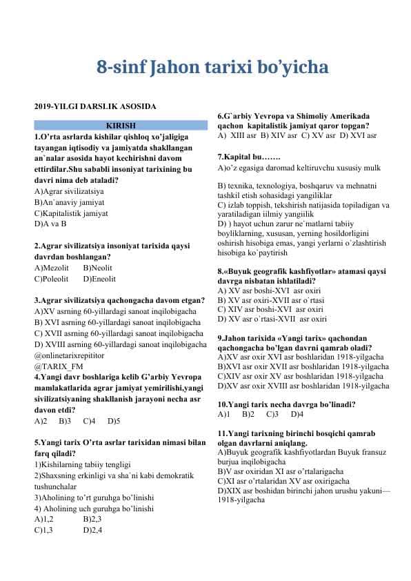 8-sinf Jahon tarixi mavzulashtirilgan testlar