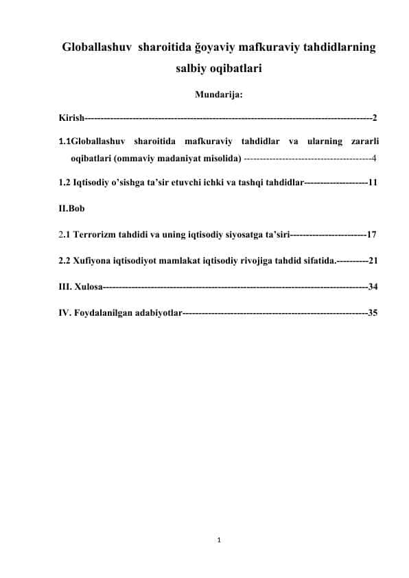 Globallashuv sharoitida g'oyaviy mafkuraviy tahdidlarning salbiy oqibatlari