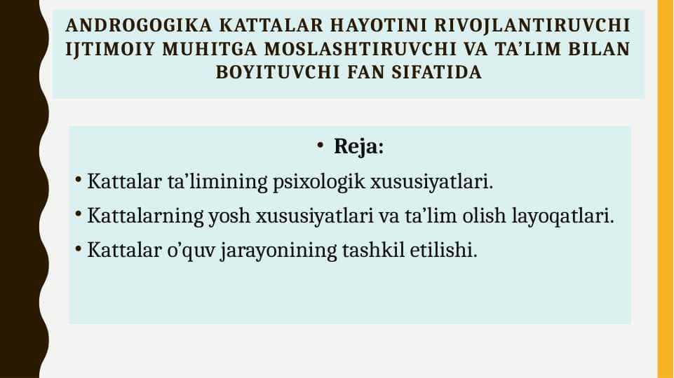 Androgogika kattalar hayotini rivojlantiruvchi ijtimoiy muhitga moslashtiruvchi va ta’lim bilan boyituvchi fan sifatida