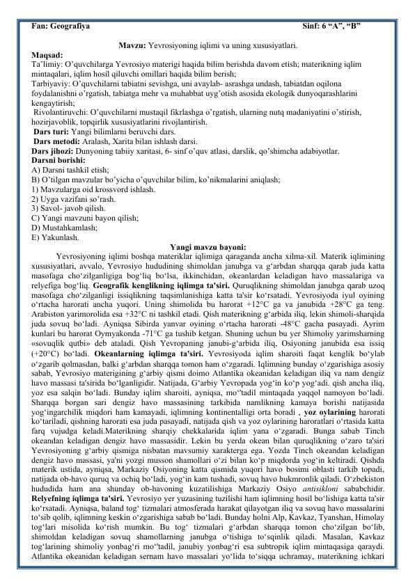 Yevrosiyoning iqlimi va uning xususiyatlari