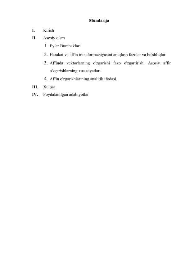 Eyler burchaklari. Affin o'zgarishlarining analitik ifodasi mavzusida kurs ishi