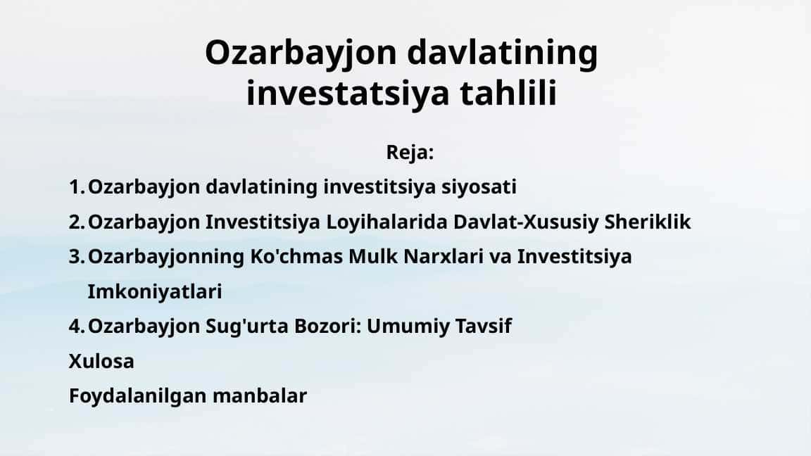 Ozarbayjon davlatining investatsiya tahlili