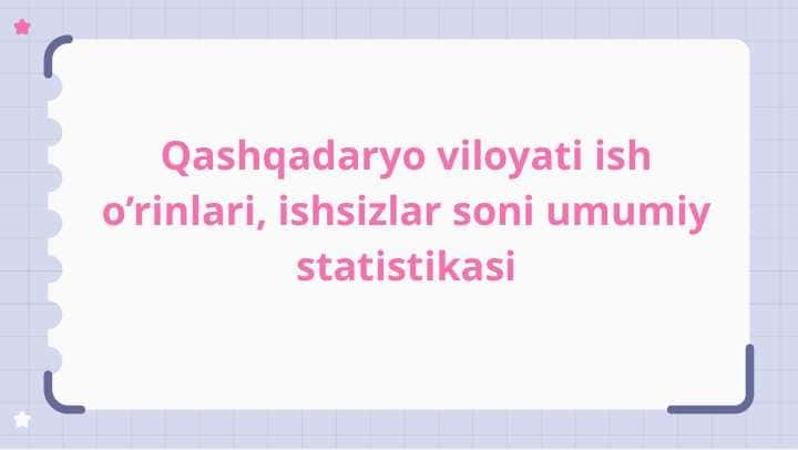 Qashqadaryo viloyati ish o’rinlari, ishsizlar soni umumiy statistikasi