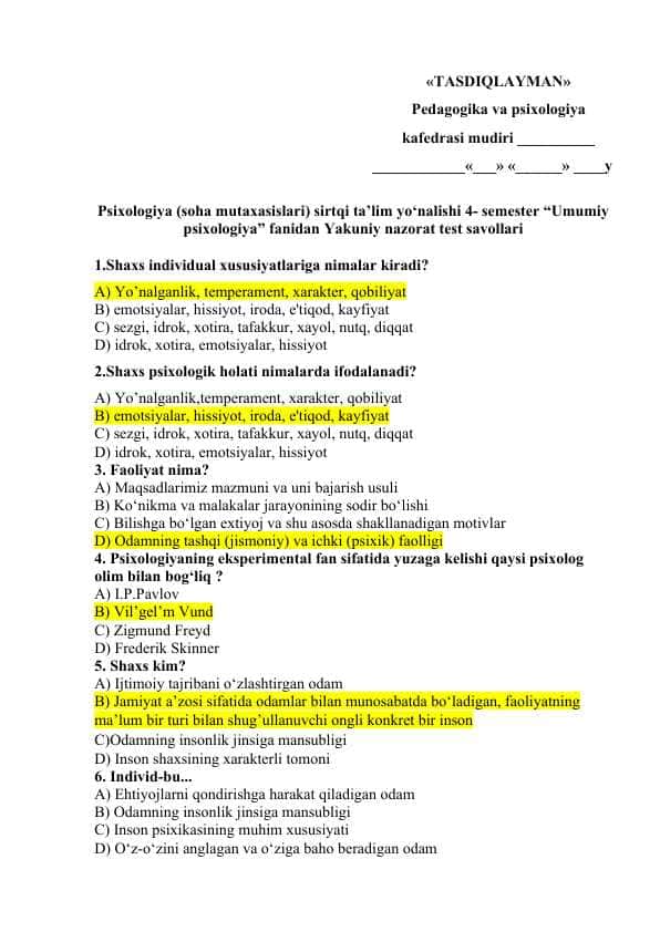 “Umumiy psixologiya” fanidan Yakuniy nazorat test savollari