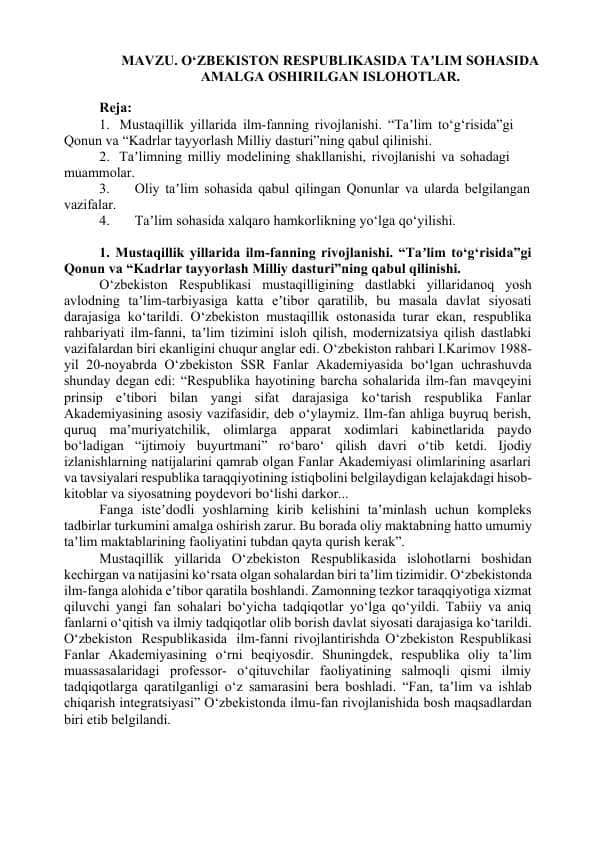 O‘ZBEKISTON RESPUBLIKASIDA TAʼLIM SOHASIDA AMALGA OSHIRILGAN ISLOHOTLAR.