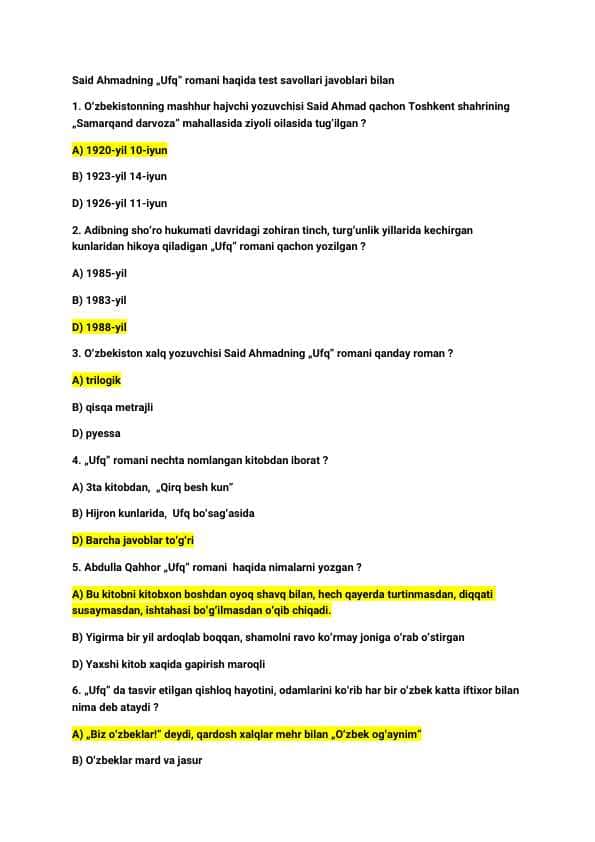 Adabiyot | Said Ahmadning „Ufq" romani asosida | Test savol-javoblari bilan | N_20 ta
