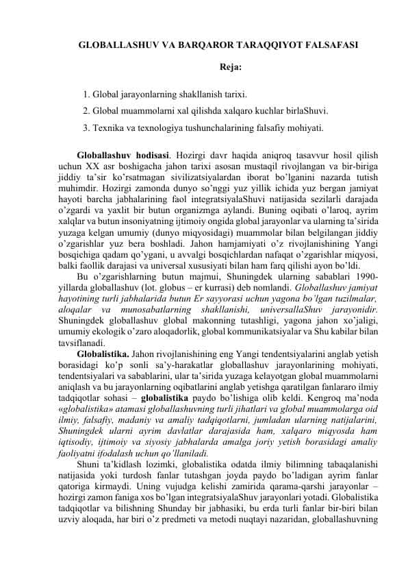 GLOBALLASHUV VA BARQAROR TARAQQIYOT FALSAFASI
