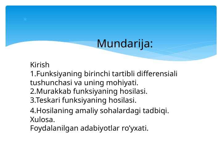FUNKSIYANING DIFFERENSIAL TUSHUNCHASI. MURAKKAB VA TESKARI FUNKSIYA HOSILASI