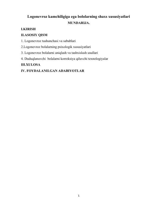 Logonevroz kamchiligiga ega bololarning shaxs xususiyatlari