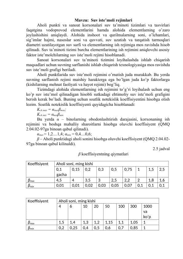 Suv iste’moli rejimlari