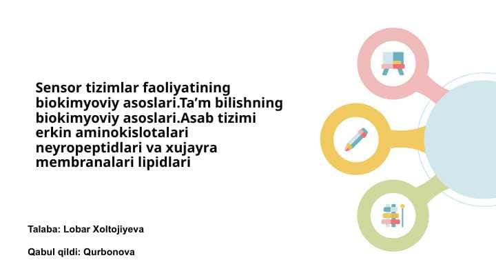 Sensor tizimlar faoliyatining biokimyoviy asoslari.Taʼm bilishning biokimyoviy asoslari.Asab tizimi erkin aminokislotalari neyropeptidlari va xujayra membranalari lipidlari