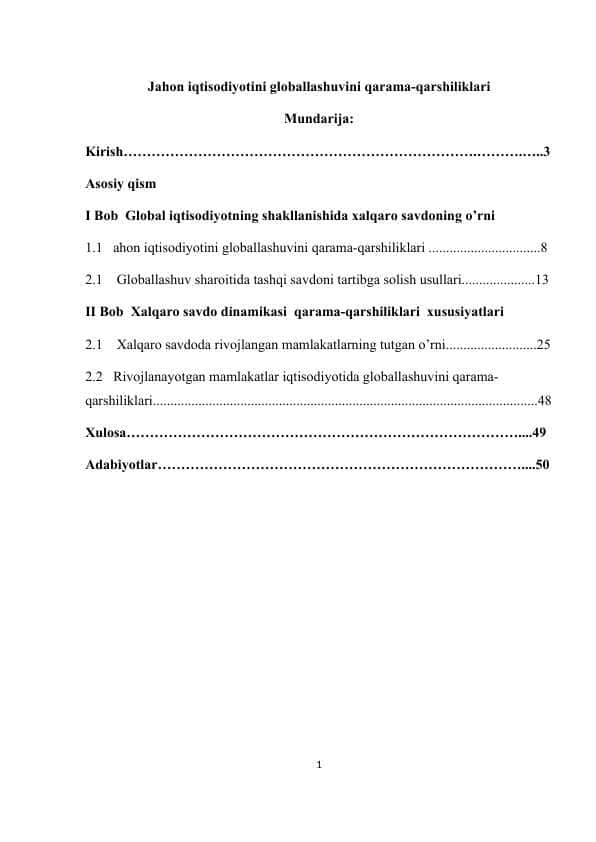 Jаhоn iqtisоdiyotini glоbаllаshuvini qаrаmа-qаrshiliklаri