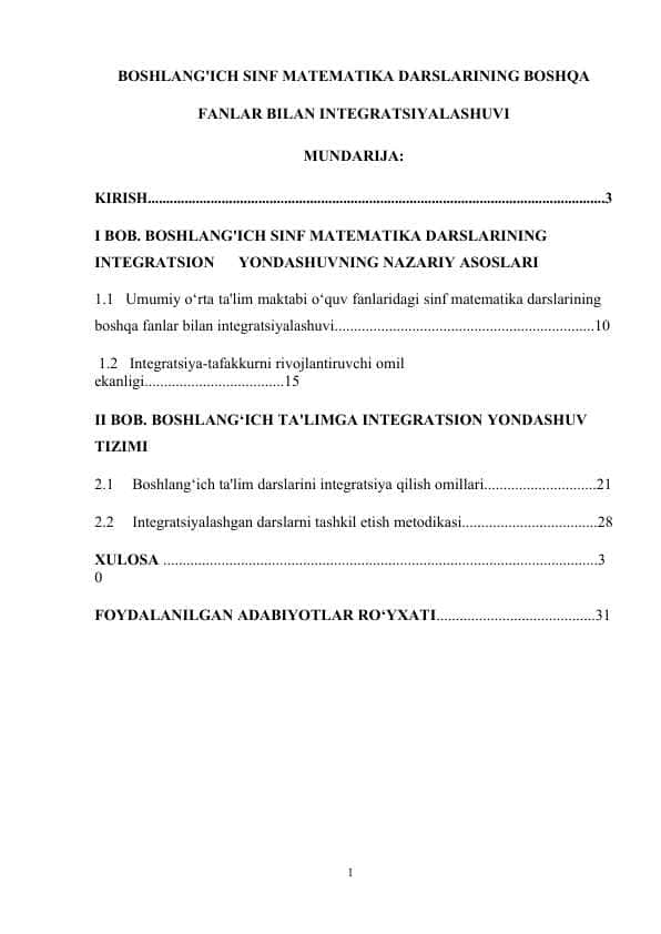 BOSHLANG'ICH SINF MATEMATIKA DARSLARINING BOSHQA FANLAR BILAN INTEGRATSIYALASHUVI