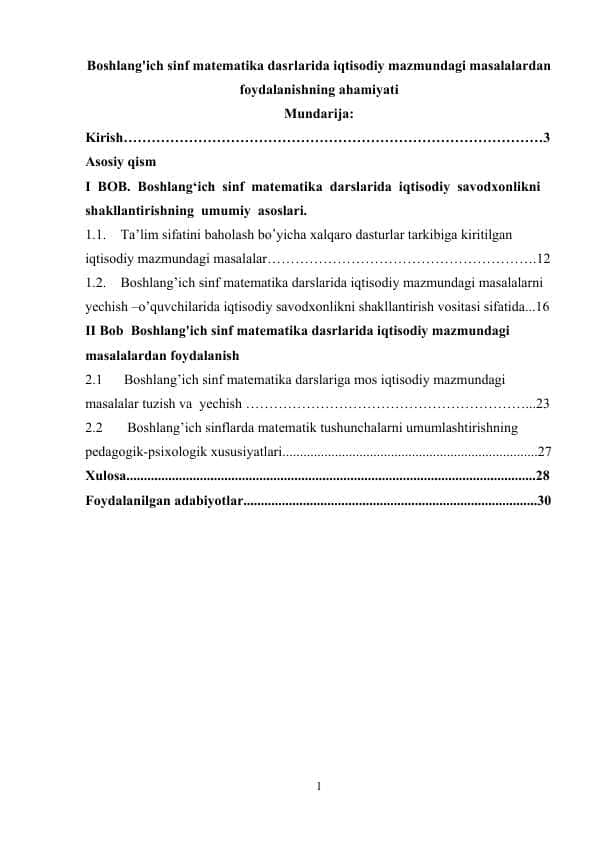 Boshlang'ich sinf matematika dasrlarida iqtisodiy mazmundagi masalalardan foydalanish