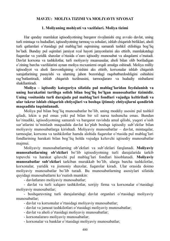 MOLIYA TIZIMI VA MOLIYAVIY SIYOSAT