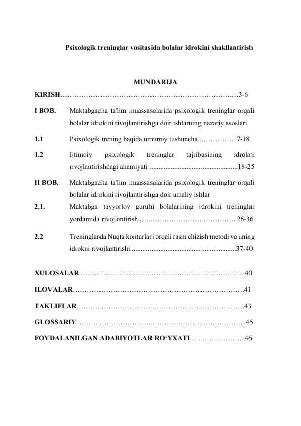 Psixologik treninglar vositasida bolalar idrokini shakllantirish