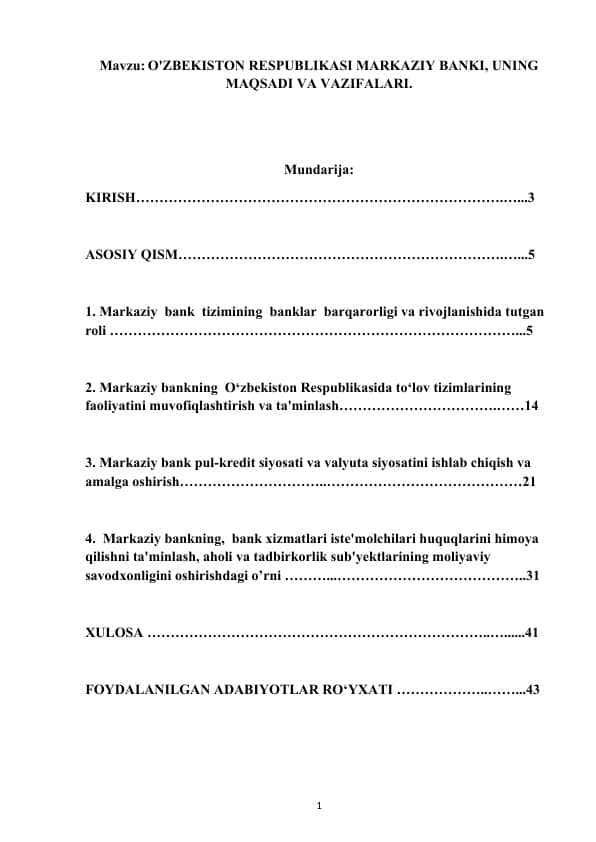 O'ZBEKISTON RESPUBLIKASI MARKAZIY BANKI, UNING MAQSADI VA VAZIFALARI.