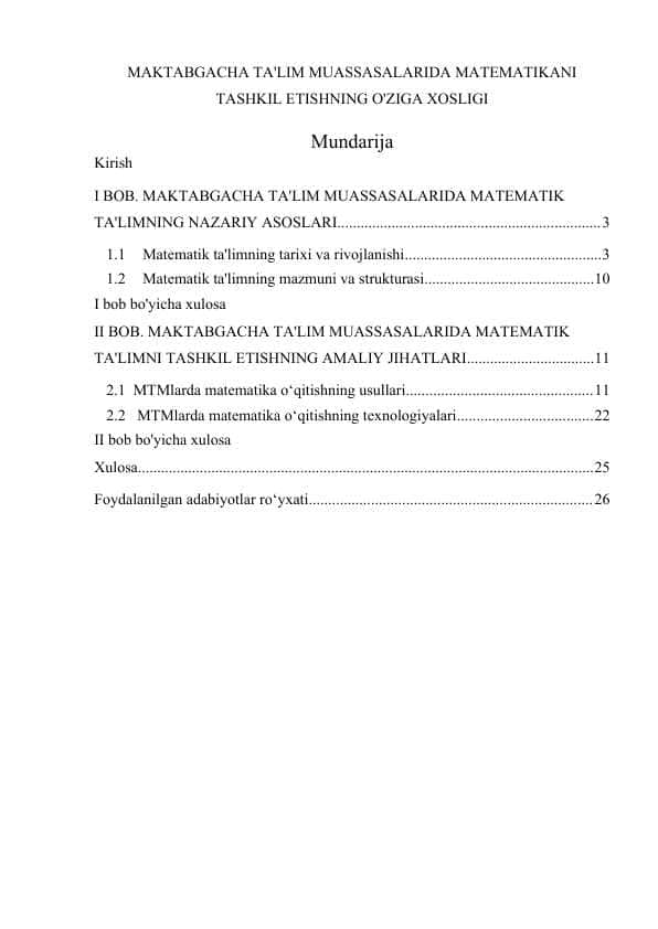 MAKTABGACHA TA'LIM MUASSASALARIDA MATEMATIKANI TASHKIL ETISHNING O'ZIGA XOSLIGI