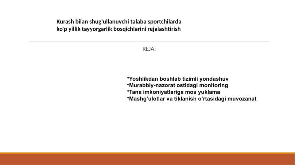 Kurash bilan shug'ullanuvchi talaba sportchilarda ko'p yillik tayyorgarlik bosqichlarini rejalashtirish