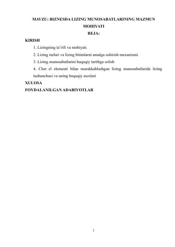 BIZNESDA LIZING MUNOSABATLARINING MAZMUN MOHIYATI