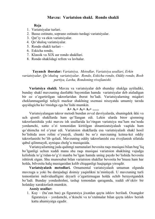 Variatsion shakl. Rondo shakli
