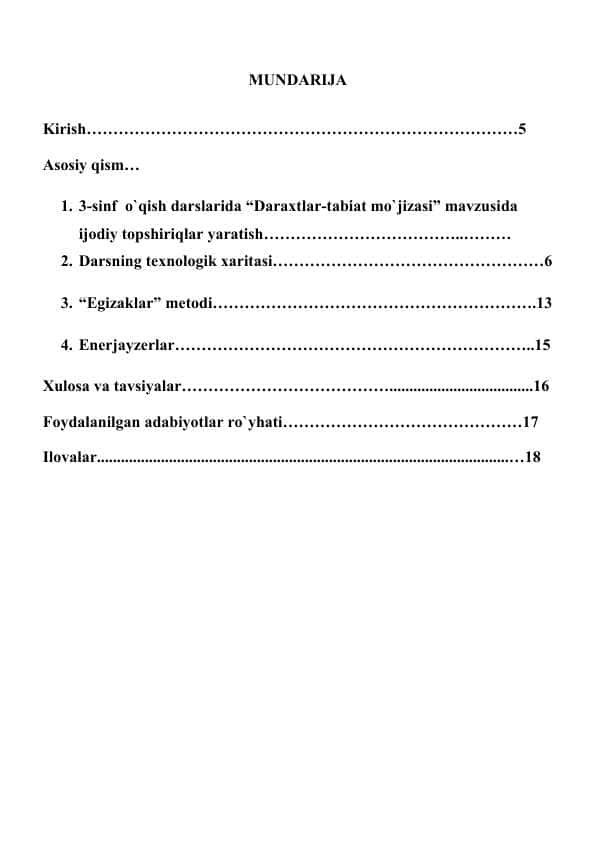 : 3- sinf o`qish darslarida “Daraxtlar-tabiat mo`jizasi” mavzusida ijodiy topshiriqlar yaratish